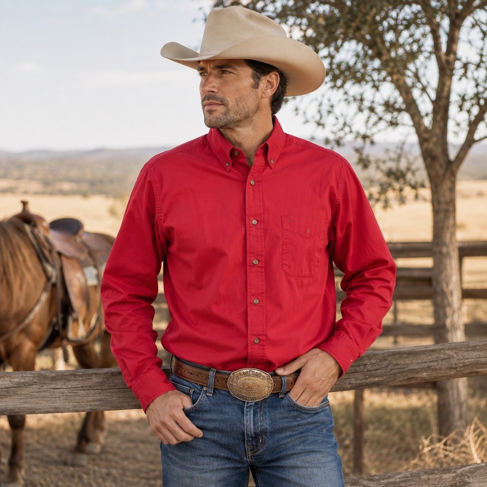 Ariat Mens Large Red 100% Cotton Long Sleeve Western Button-Down Shirt 10018118